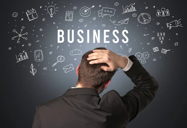 Rear View Businessman Business Inscription Modern Business Concept — Stock Photo, Image