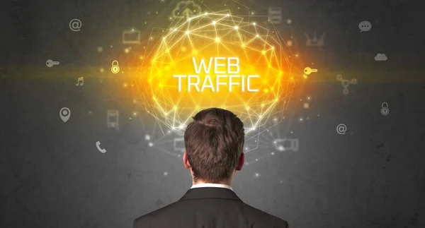 Hátsó Nézet Egy Üzletember Web Traffic Felirattal Online Biztonsági Koncepcióval — Stock Fotó
