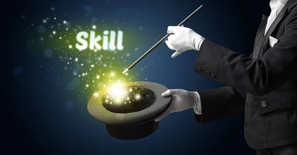 Goochelaar Toont Magische Truc Met Skill Inscriptie Educatief Concept — Stockfoto