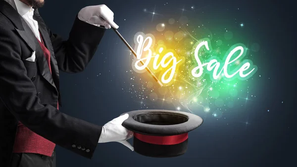 Magician Hand Conjure Wand Big Sale Inscription Shopping Concept — Stock Photo, Image