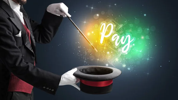 Magician Hand Conjure Wand Pay Inscription Shopping Concept — Stock Photo, Image