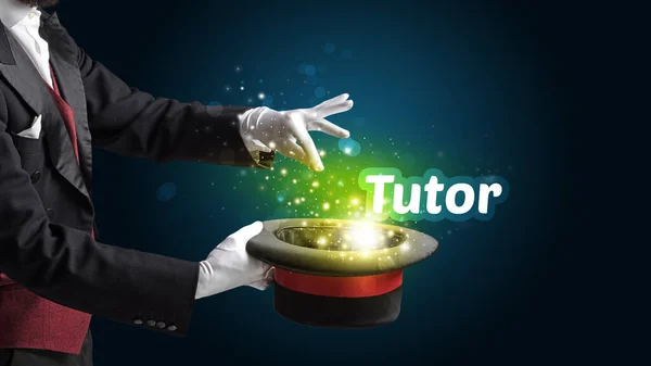 Magician is showing magic trick with Tutor inscription, educational concept