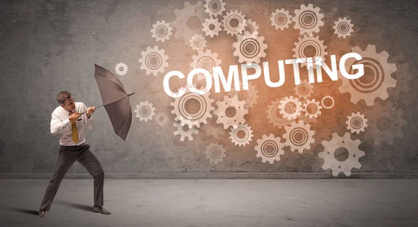 Επιχειρηματίας Υπερασπίζεται Ομπρέλα Από Επιγραφή Computing Έννοια Της Τεχνολογίας — Φωτογραφία Αρχείου