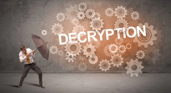 Decryption碑文 技術コンセプトから傘で守るビジネスマン — ストック写真