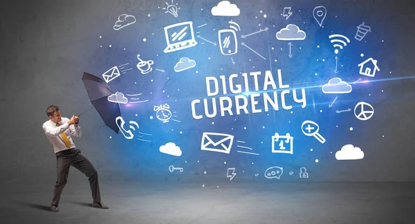 Бизнесмен Защищающийся Зонтиком Цифровой Надписи Currency Современная Технологическая Концепция — стоковое фото