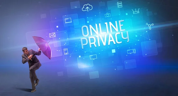 Empresário Defendendo Com Guarda Chuva Ataque Cibernético Inscrição Privacidade Online — Fotografia de Stock