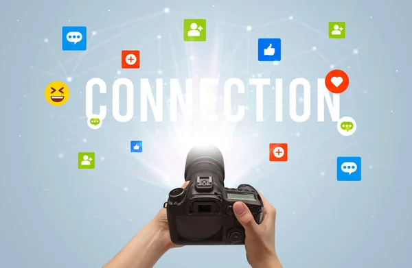 Using Camera Capture Social Media Content Connection Inscription Social Media — Stock Photo, Image