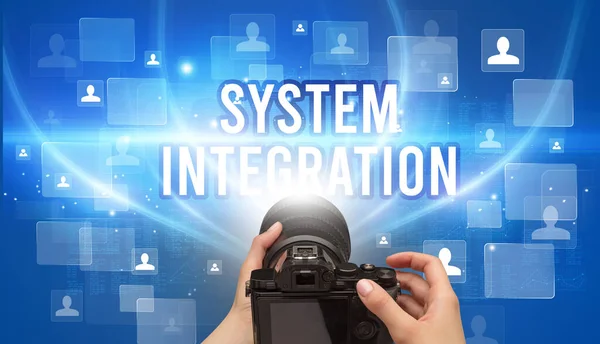 Close Hand Holding Camera System Integration Inscription Video Surveillance Concept — Stock Photo, Image