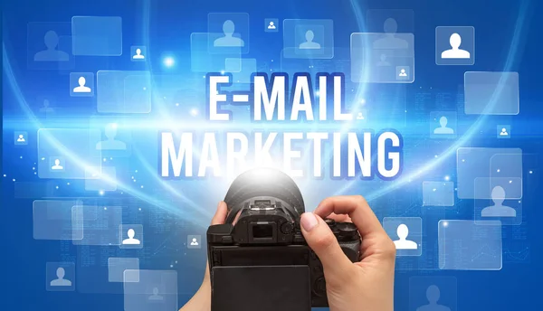 Close Hand Holding Camera Mail Marketing Inscription Video Surveillance Concept — Stock Photo, Image