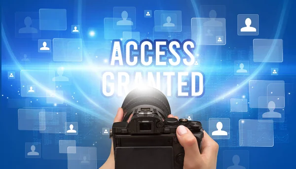 Close Hand Holding Camera Access Granted Inscription Video Surveillance Concept — Stock Photo, Image