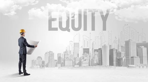 Fiatal Üzletember Keménykalapban Equity Felirattal Üzleti Lehetőség Koncepció — Stock Fotó
