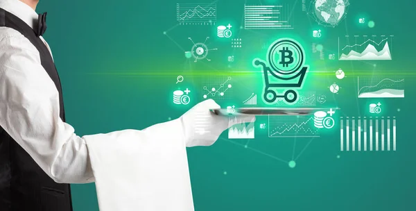Young Waiter Serving Shopping Cart Bitcoin Icons Tray Money Exchange — Stock Photo, Image