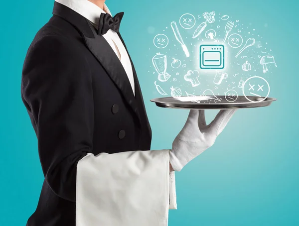 Waiter Holding Silver Tray Oven Icons Coming Out Health Food — Stock Photo, Image