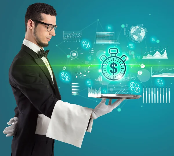 Young Waiter Serving Time Money Icons Tray Money Exchange Concept — Stock Photo, Image