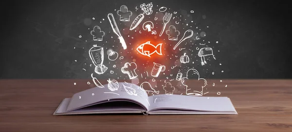 Otevřená Kniha Receptů Nakreslenými Ikonami Ryb Vycházející Koncepce Gastronomie — Stock fotografie