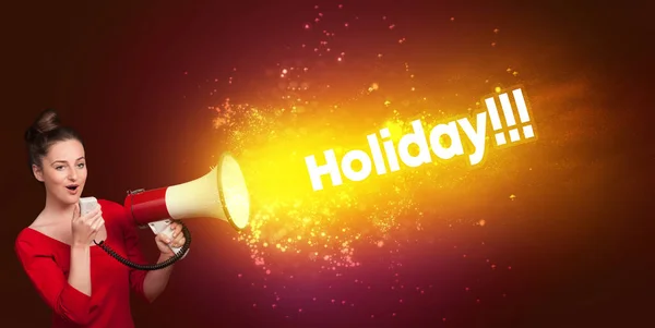 Young Woman Yelling Loudspeaker Holiday Inscription Modern Media Concept — Stock Photo, Image