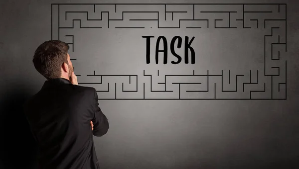 Businessman Drawing Maze Task Inscription Business Education Concept — Stock Photo, Image