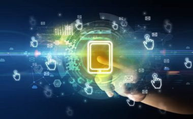 Tablet simgeleriyle yumuşak jest multimedya ekranı, koyu arkaplan üzerine gelecek teknoloji konsepti