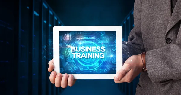 Young Business Person Working Tablet Shows Inscription Business Training Business — Stock Photo, Image