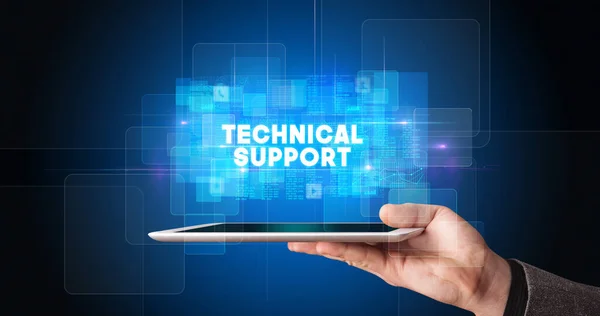 Young Business Person Working Tablet Shows Inscription Technical Support — Stock Photo, Image
