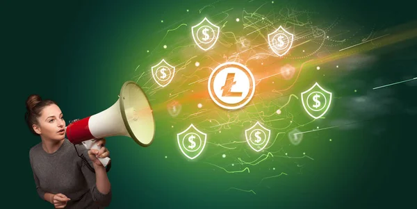 Young person yelling in megaphone and litecoin icon, currency exchange concept