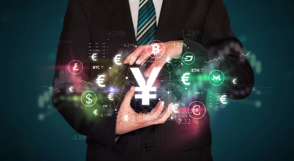 Businessman Holding Yen Symbol Investment Concept — Stock Photo, Image