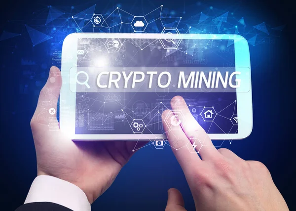 Close Tablet Searching Crypto Mining Inscription Tech Computing Concept — Stock Photo, Image