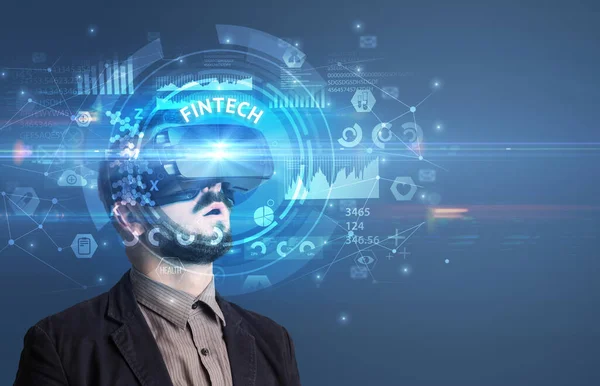 Businessman Looking Virtual Reality Glasses Fintech Inscription Innovative Technology Concept — Stock Photo, Image