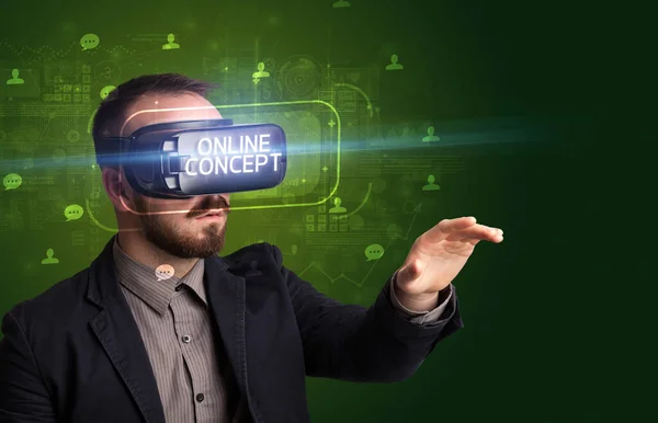 Businessman Looking Virtual Reality Glasses Online Concept Inscription Social Networking — ストック写真