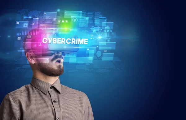Businessman Looking Virtual Reality Glasses Cybercrime Inscription Innovative Security Concept — Stock Photo, Image