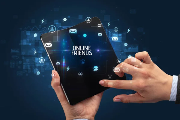 Businessman Holding Foldable Smartphone Online Friends Inscription Social Networking Concept — Stock Photo, Image