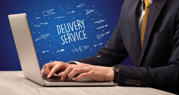 Businessman Working Laptop Delivery Service Inscription Online Shopping Concept — Stock Photo, Image