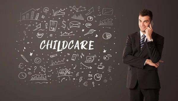 Businessman Thinking Childcare Inscription Business Education Concept — Stock Photo, Image