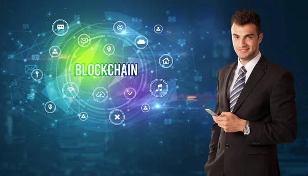 Unternehmerisches Denken Vor Technologiebezogenen Ikonen Und Blockchain Inschrift Modernes Technologiekonzept — Stockfoto