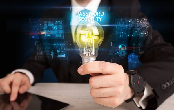 Businessman Holding Lightbulb Password Security Inscription Online Security Idea Concept — ストック写真