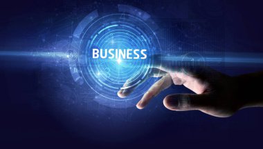 İşletme düğmesine elle dokunmak, modern iş teknolojisi kavramı