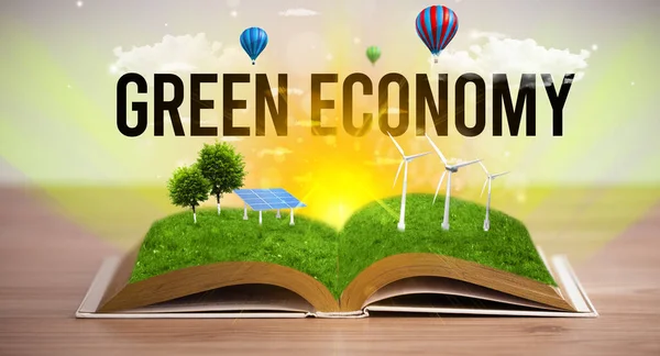 Open Book Green Economy Inscription Renewable Energy Concept — Stock Photo, Image