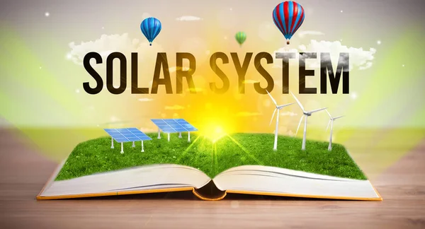 Nyitott Könyv Solar Rendszer Felirattal Megújuló Energia Koncepció — Stock Fotó