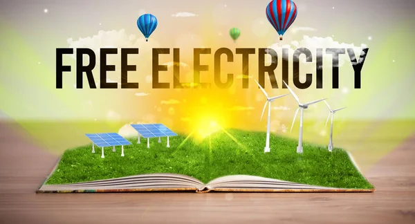 Open Boek Met Gratis Elektriciteit Inscriptie Concept Hernieuwbare Energie — Stockfoto