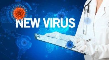 Doktor tıbbî kayıtları NEW VIRUS yazıtları, viroloji konseptiyle dolduruyor.