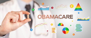 Beslenme uzmanı sana OBAMACARE yazıtlı bir hap veriyor, sağlıklı yaşam tarzı konsepti.