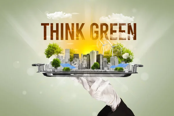 Garçom Servindo Eco Cidade Com Inscrição Verde Conceito Energia Renovável — Fotografia de Stock