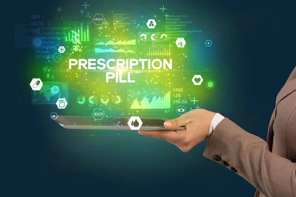 Close Van Een Touchscreen Met Prescription Pill Inscriptie Medisch Concept — Stockfoto