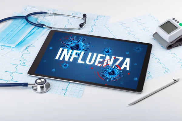 Tabletki Narzędzia Medyczne Białej Powierzchni Napisem Influenza Koncepcja Pandemii — Zdjęcie stockowe