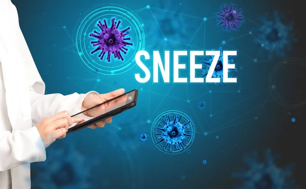 Médico Prescribe Una Receta Con Inscripción Sneeze Concepto Pandémico — Foto de Stock
