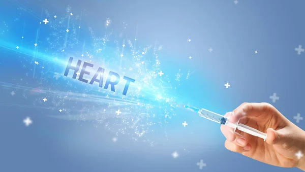 Syringe Medical Injection Hand Heart Inscription Medical Antidote Concept — Stock Photo, Image