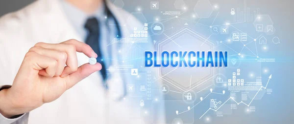 Doctor Giving Pill Blockchain Inscription New Technology Solution Concept — Stock Photo, Image