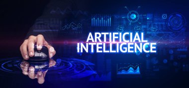 ARTIFICIAL INTELLIGENCE yazıtları ve modern teknoloji konseptiyle el ele tutuşmak