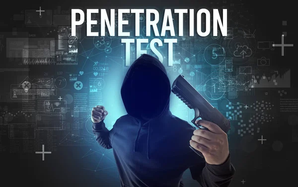 Homem Sem Rosto Com Inscrição Penetration Test Conceito Segurança Online — Fotografia de Stock