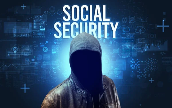 Homem Sem Rosto Com Inscrição Segurança Social Conceito Segurança Online — Fotografia de Stock